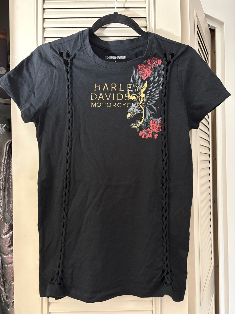 Harley-Davidson Black Tee with Gold Logo, Red Rose & Eagle